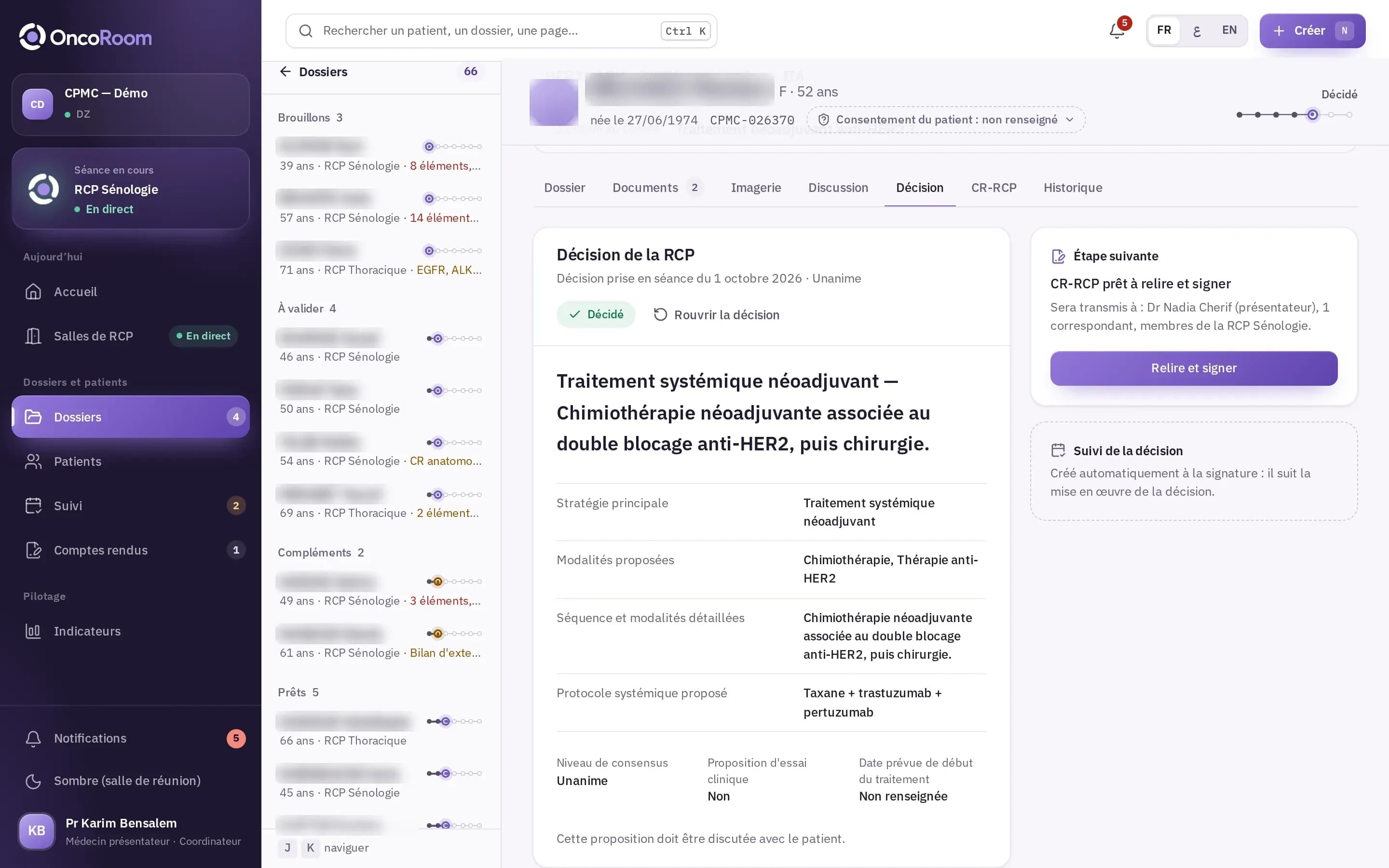 Onglet Décision d’un dossier : décision de la RCP, étape suivante « CR-RCP prêt à relire et signer ».