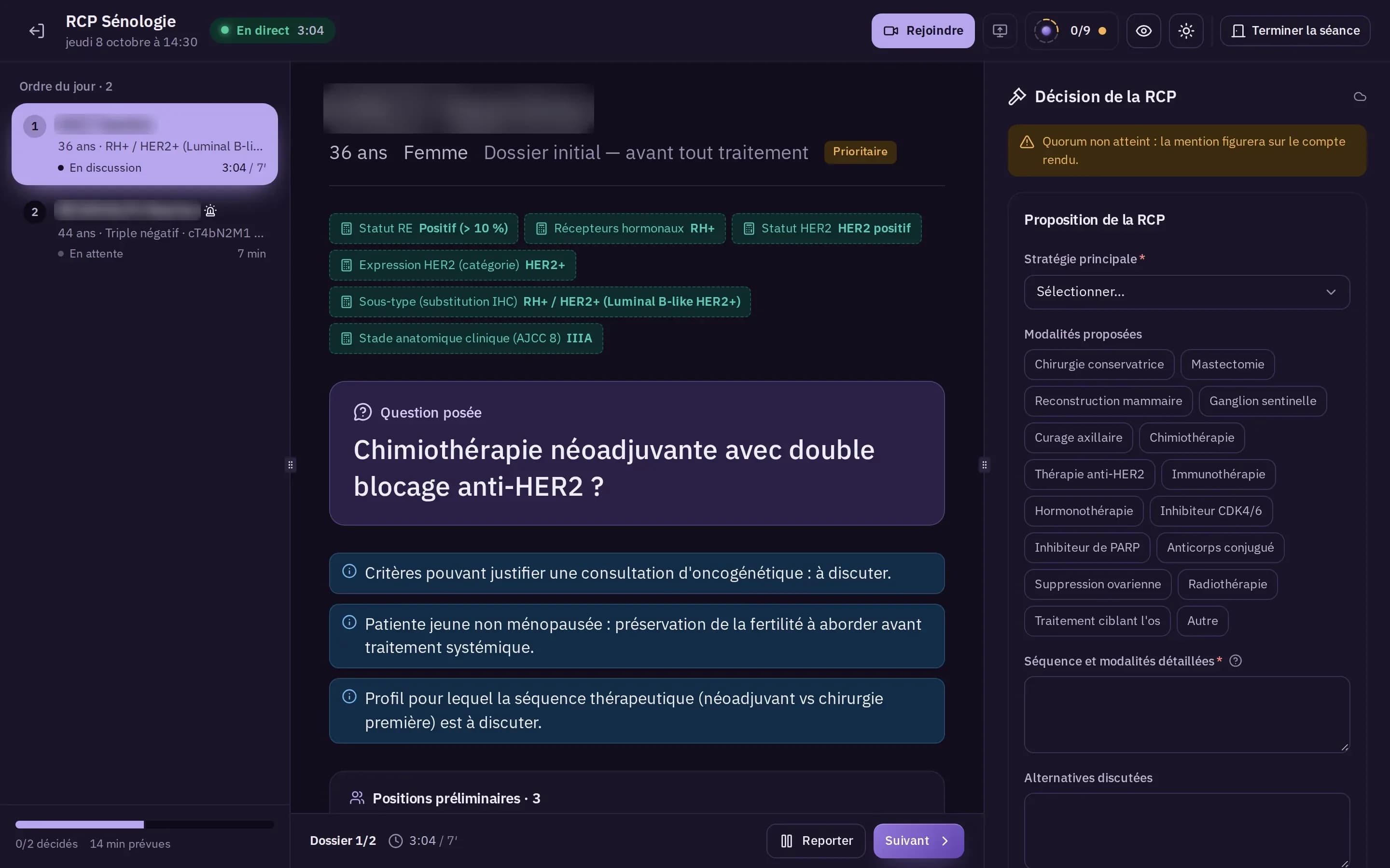 Haut de l’écran de la salle de RCP : séance en direct, ordre du jour, dossier en discussion.